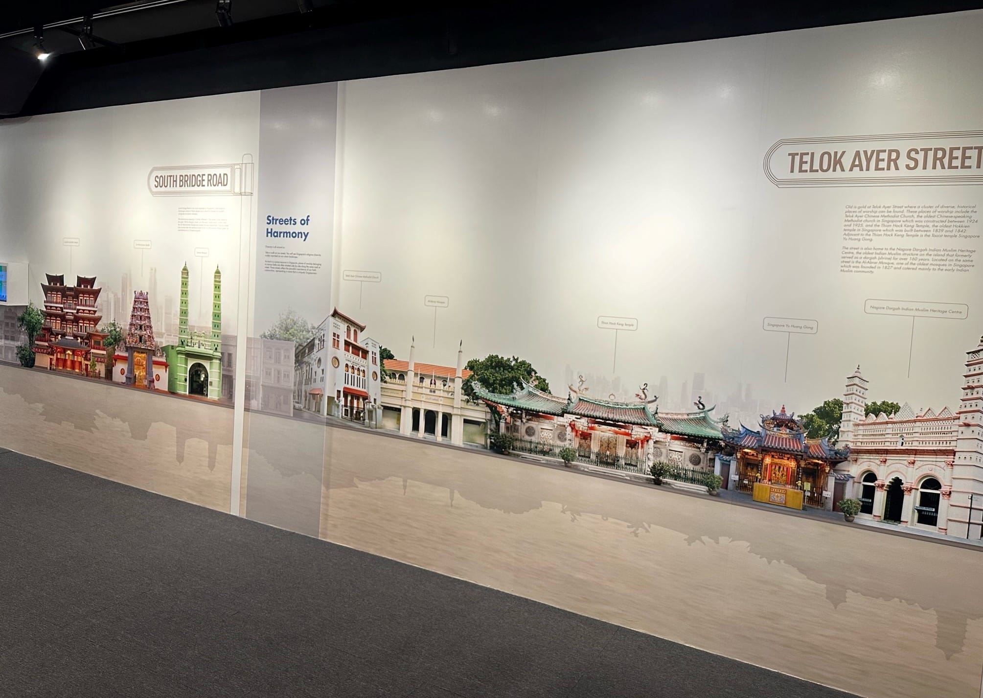 Museum wall display showing illustrated streetscapes of South Bridge Road and Telok Ayer Street with historic religious buildings.